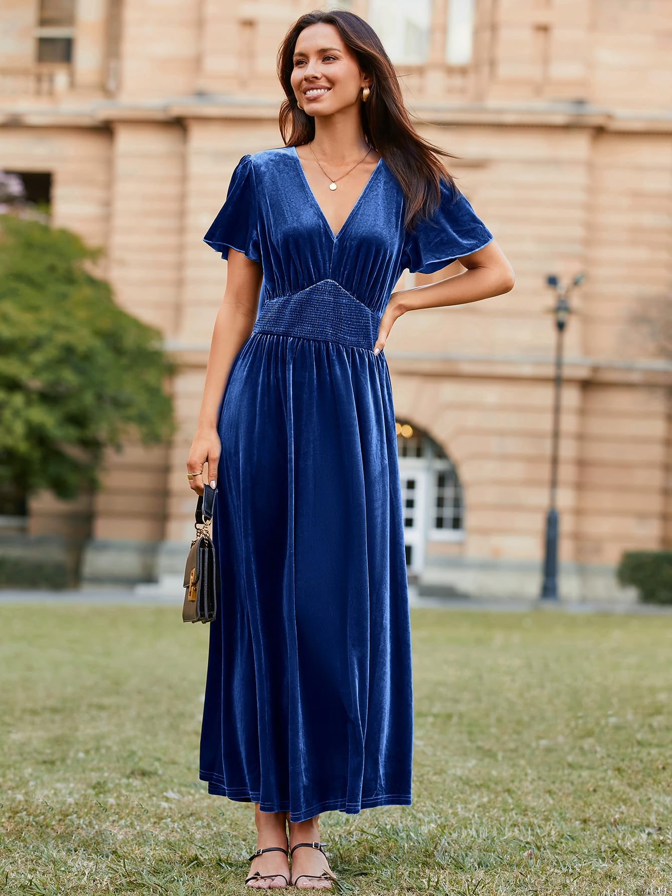 Simplee Women's Short Sleeve Velvet Maxi Dress - V Neck Empire Waist Formal Gown for Wedding Guest, Evening Party & Special Occasions