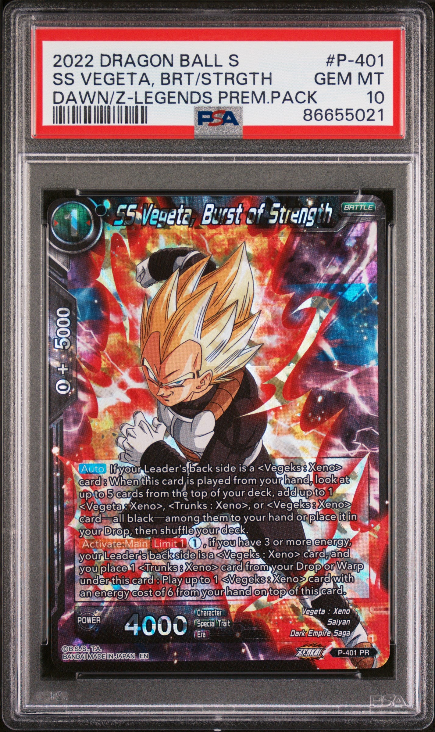 2022 Dragon Ball Super Dawn of The Z Legends SS Vegeta BRS/STRGTH #P 401 PSA 10 Graded Card - Perfect for Collectors, Anime Fans & Investment - Display in Home, Office or Gaming Room