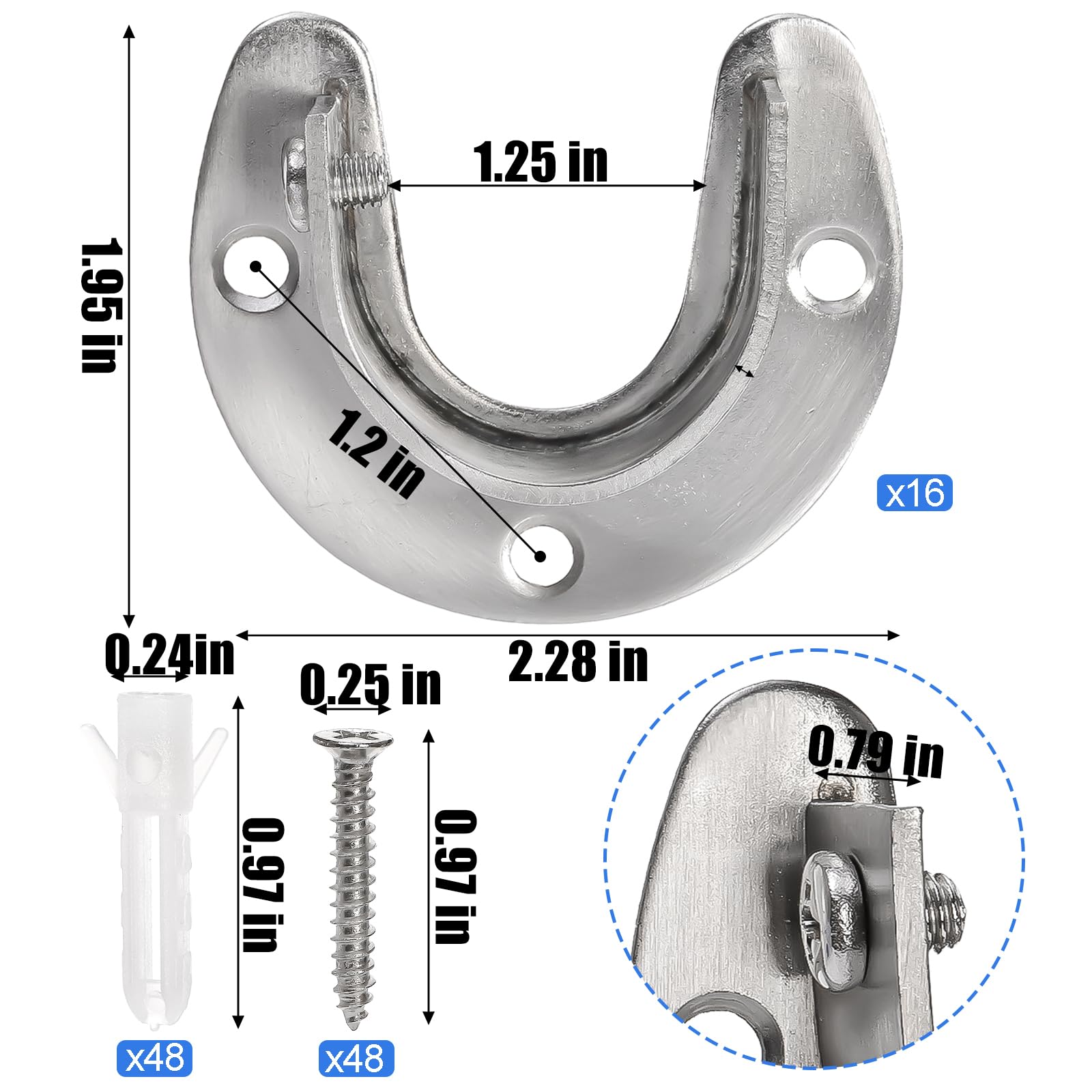 16 Pack Stainless Steel Closet Pole Sockets - 1-1/4 Inch U-Shaped Rod Support Brackets for Closet Rods & Curtain Rods with Screws Included - Perfect for Wardrobe Organization & Window Treatment Installation