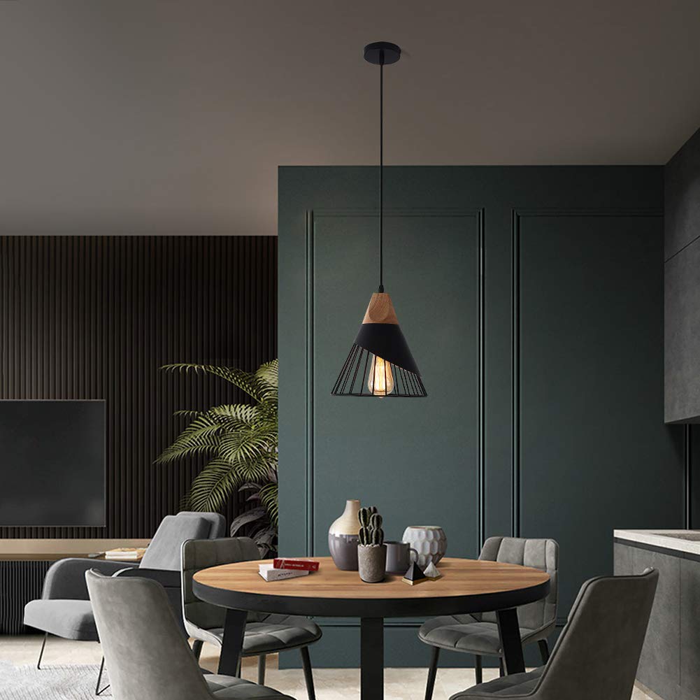 Modern Black Adjustable Wood Pendant Light - Kitchen Island Hanging Fixture for Dining Room, Living Room, Bedroom, Hallway & Bar | Industrial Style Lighting for Home & Commercial Spaces