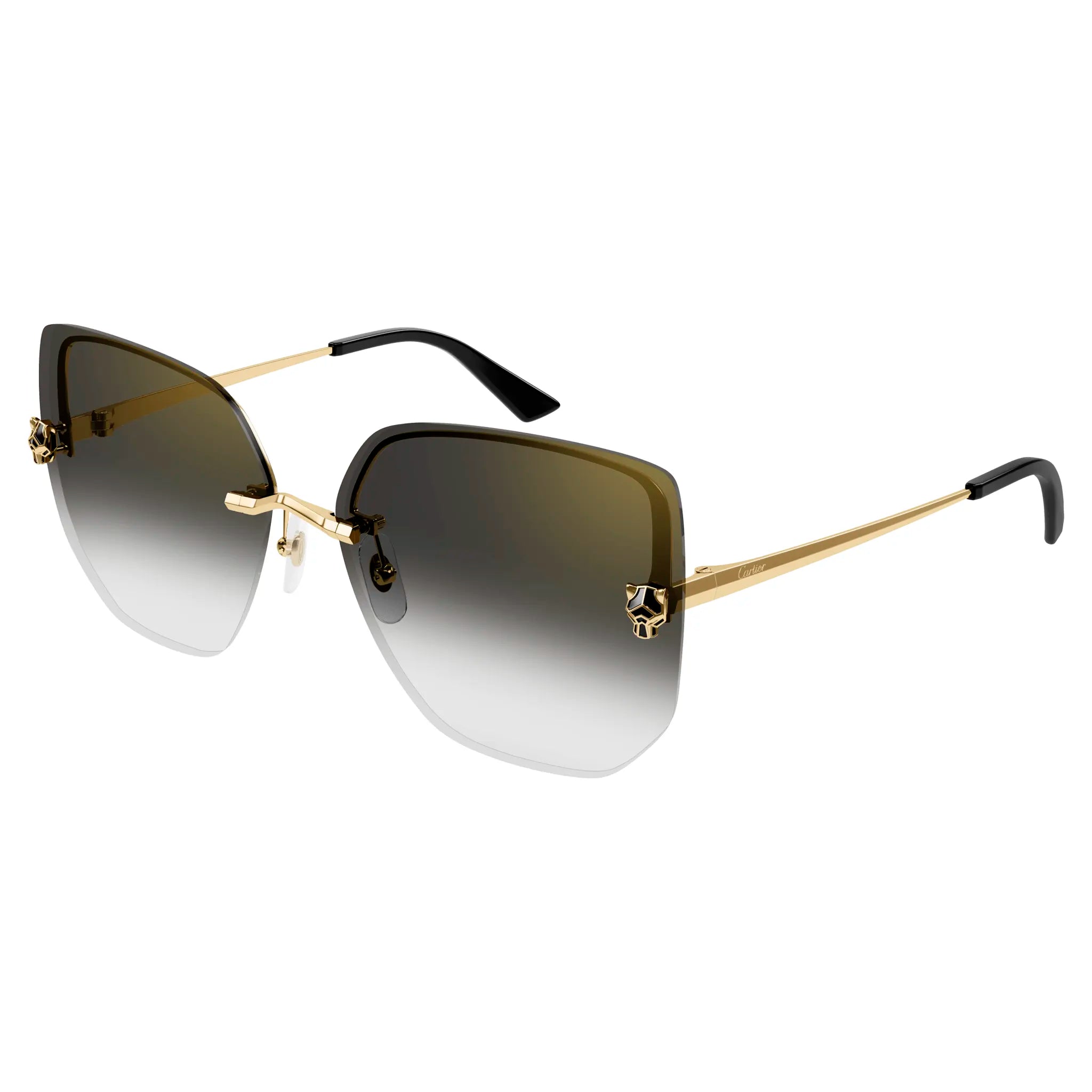 Cartier CT0432S 001 Panthere De Cartier Gold Grey Rimless Sunglasses for Women - Luxury Designer Cat Eye Sunglasses with UV Protection - Perfect for Beach, Driving & Fashion Outfits