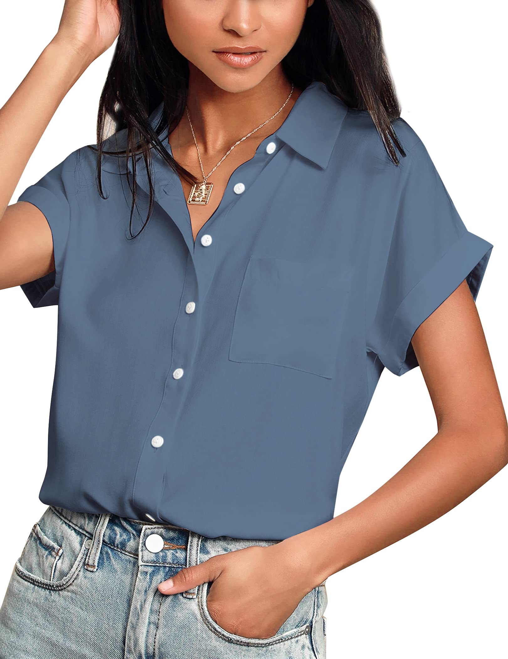 Hotouch Women's Short Sleeve V-Neck Button Down Blouse - Casual Loose Fit Shirt for Work, Office & Summer Outfits