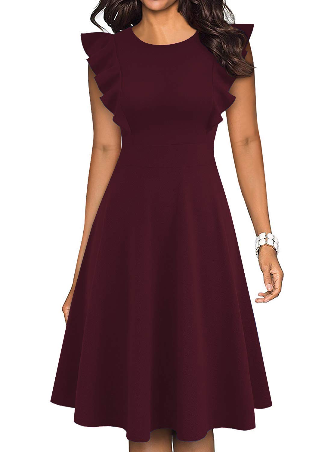 Vintage Floral Ruffle Flared A-Line Swing Dress for Women - Elegant Cocktail Party Dress with Pockets | Perfect for Weddings, Garden Parties & Date Nights