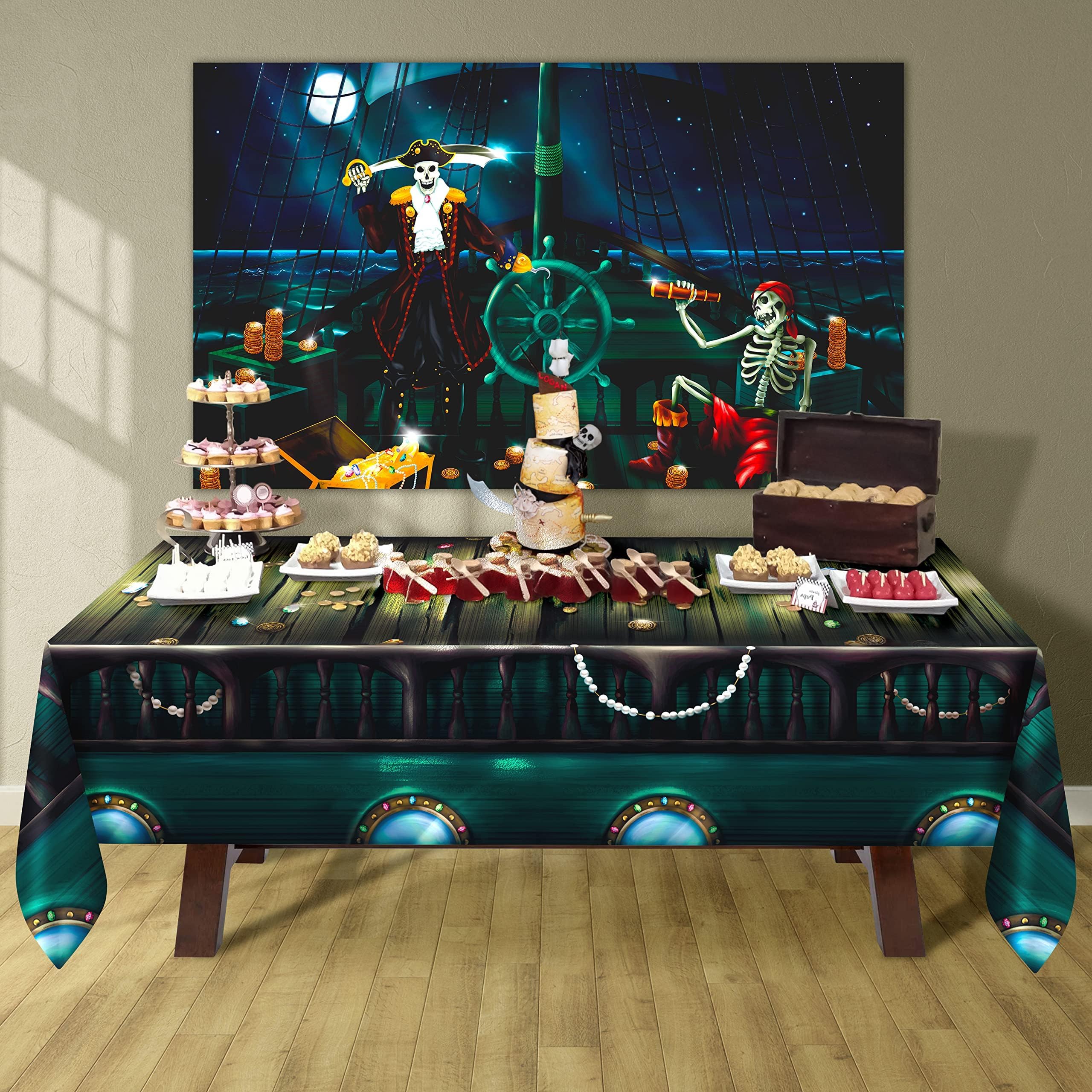 Cheerland Skull & Pirate Themed Halloween Party Tablecloth - 9x5 Ft Spooky Decor for Pirate Ship, Dock, Boardwalk, or Costume Birthday Parties - Waterproof Fabric Table Cover for Indoor/Outdoor Use
