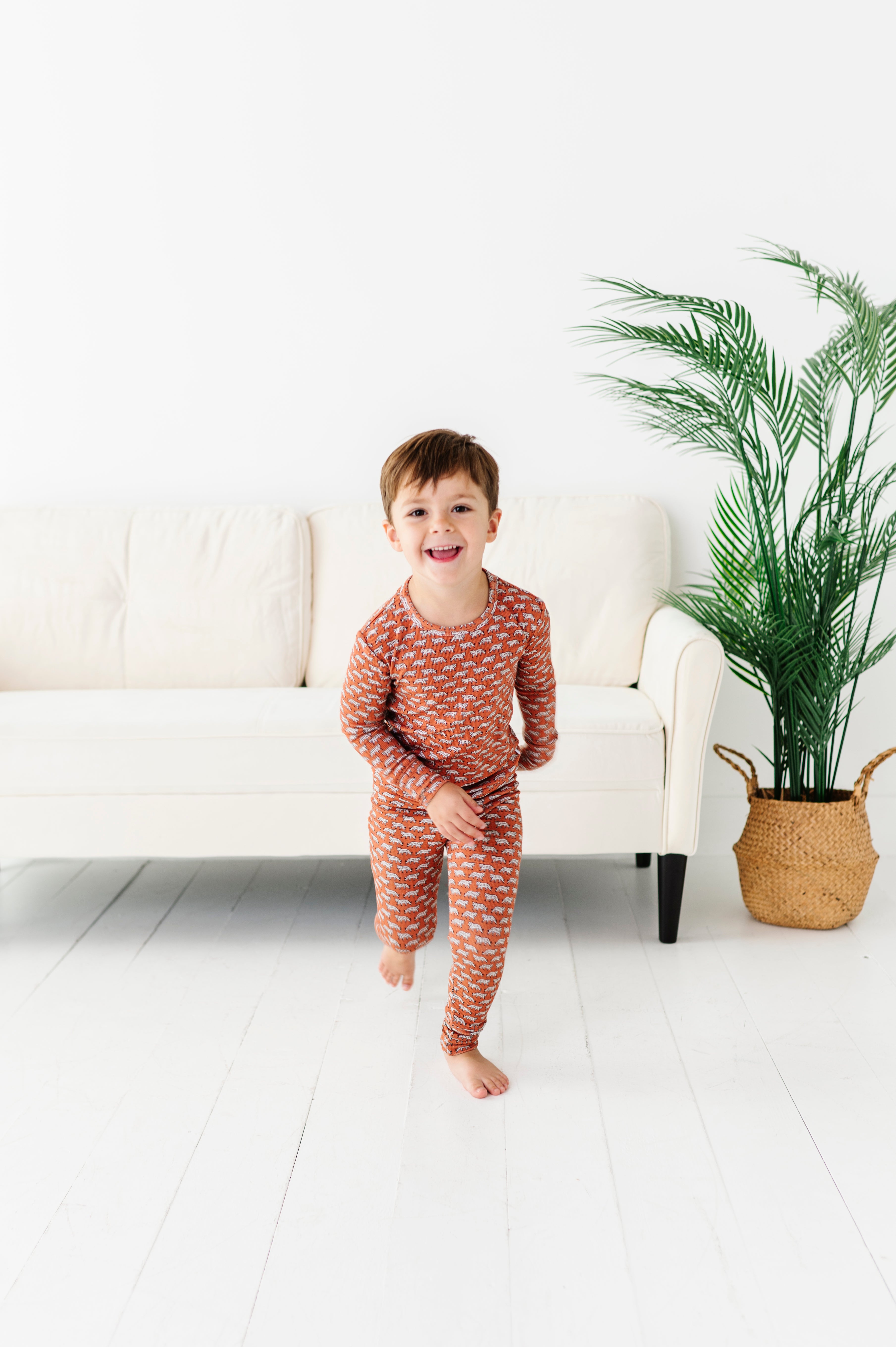 Terracotta Tigers Ribbed Two-Piece Pajama Set for Women - Soft Cotton Sleepwear for Cozy Nights & Relaxing at Home