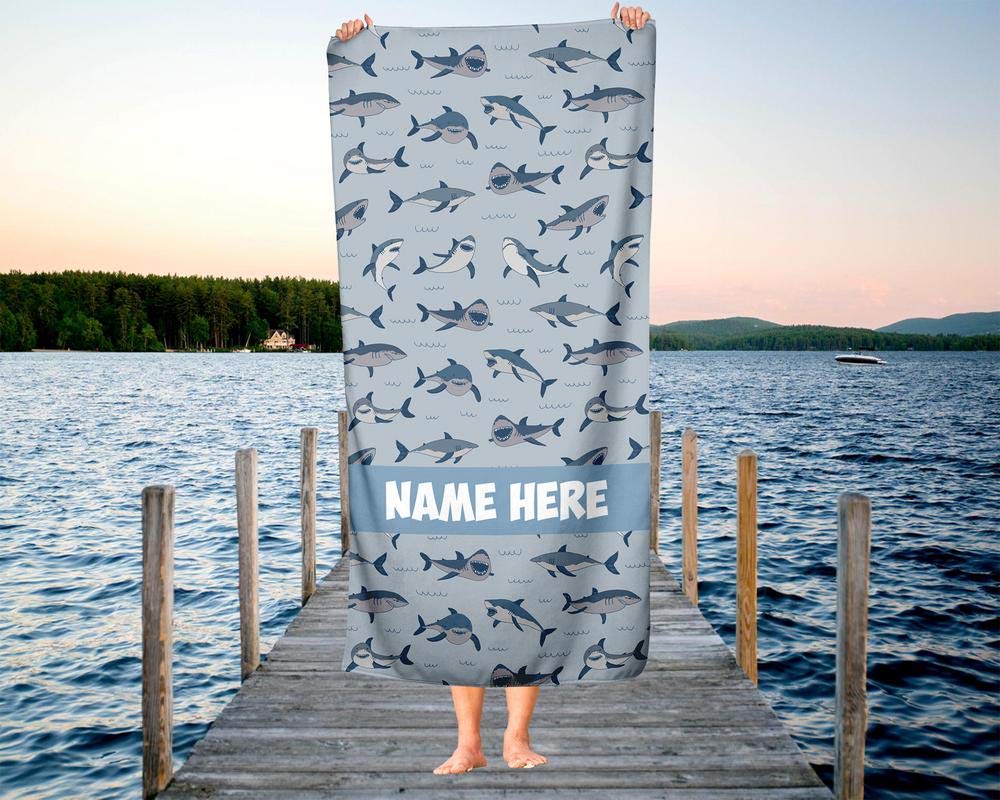 Custom Personalized Shark Pattern Beach Towel for Kids & Adults - Soft Absorbent Travel, Pool, Bath Towel for Toddler Baby Boys & Girls - Perfect for Swimming, Beach Trips, and Bath Time