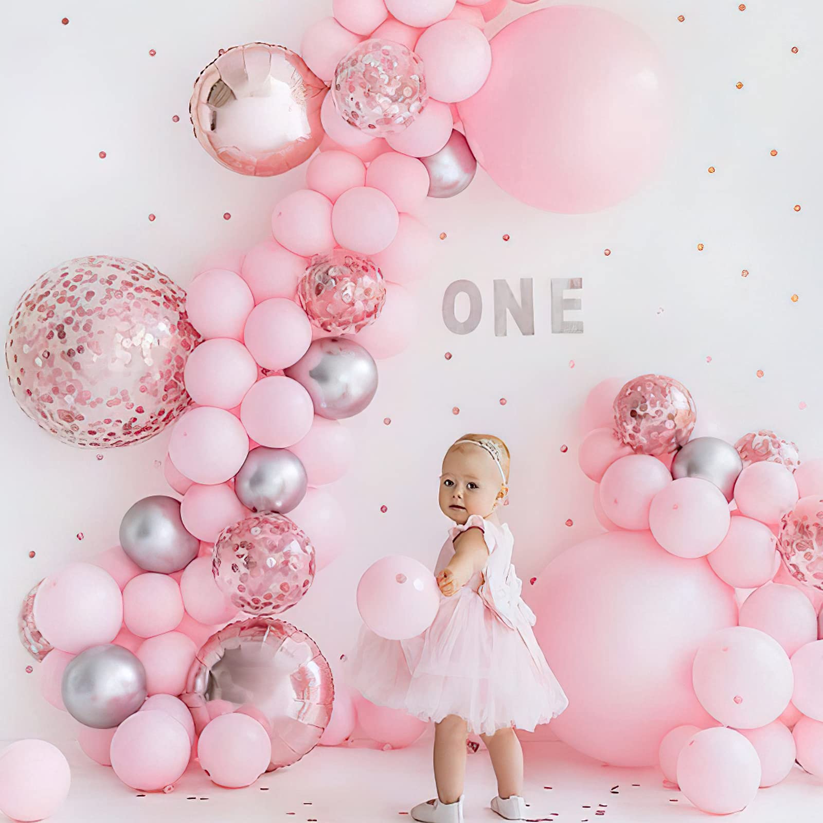 PartyWoo 60-Pack Pink & White Balloons Set with Silver Metallic & Confetti - Latex Balloons for Birthday Party Decorations, Baby Showers, Bridal Showers & Anniversary Celebrations