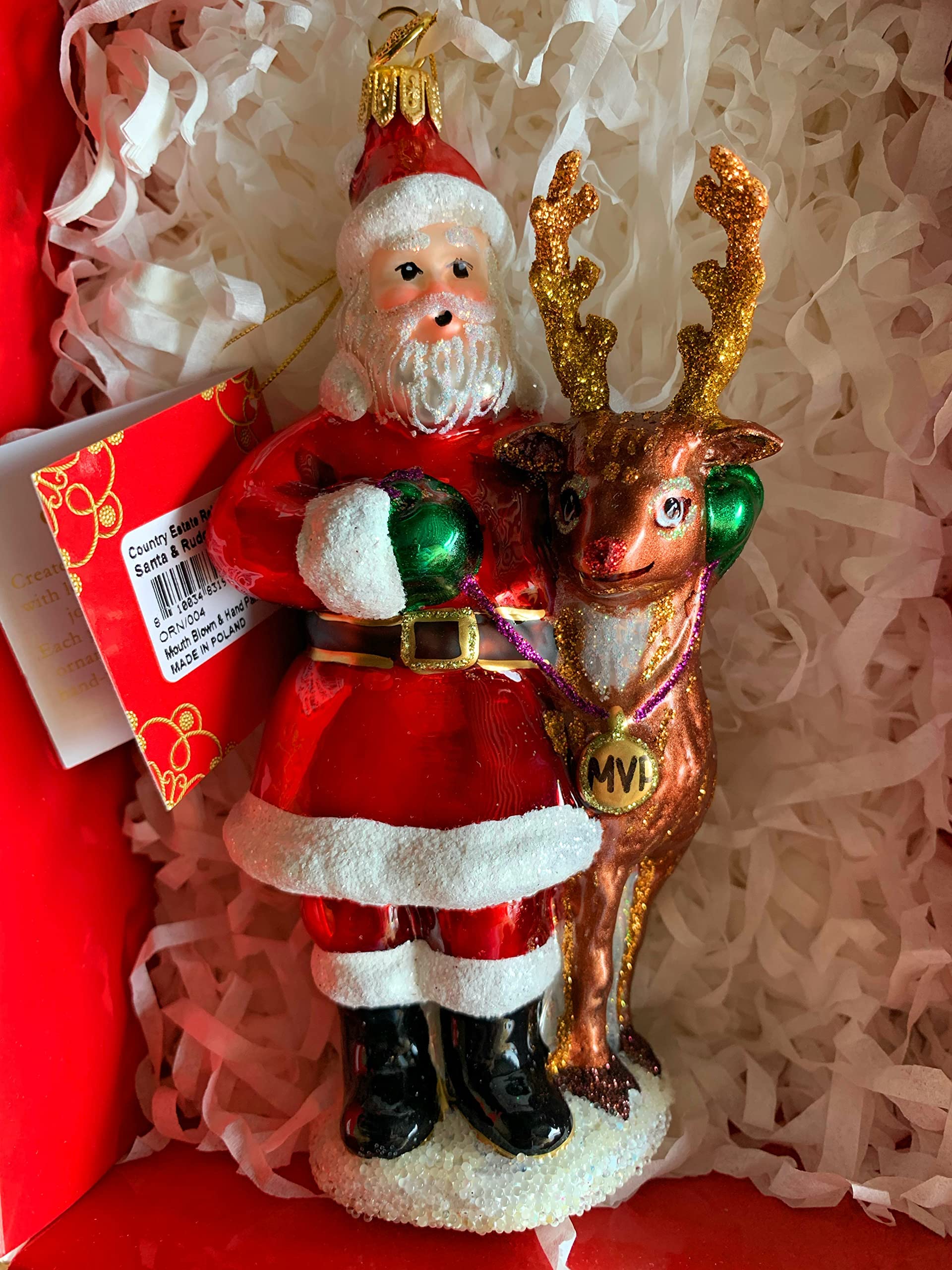 Juliska Country Estate Reindeer Games Santa & Rudolph Hand Blown Ornament - Perfect for Christmas Tree Decoration and Holiday Gift Giving