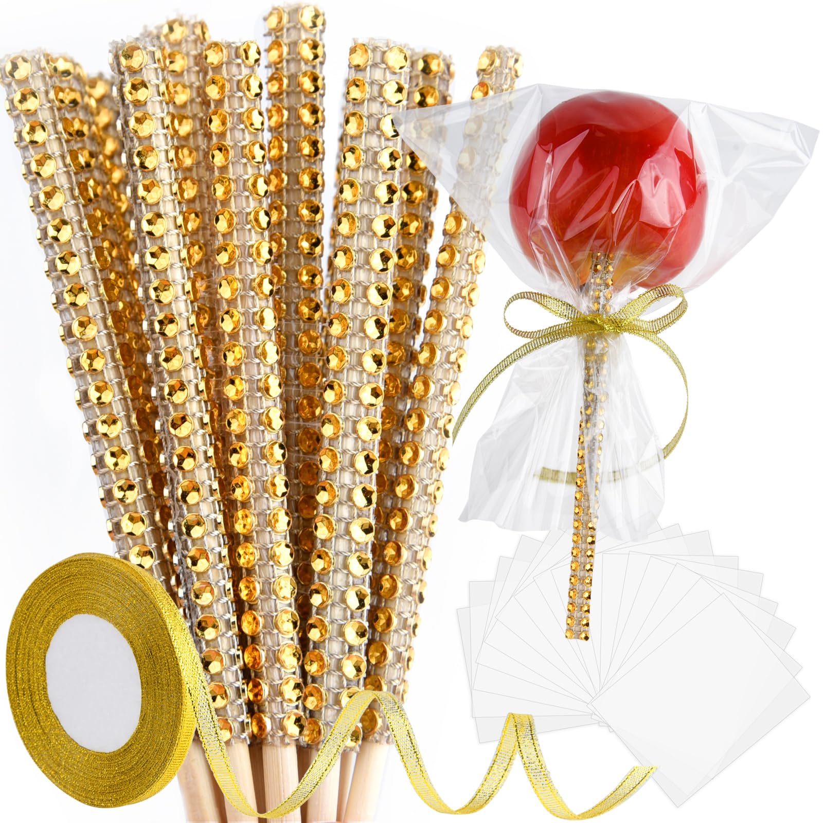 24 Pack Glitter Candy Apple Sticks & Bags Kit - Gold Toffee Apple Making Supplies with Caramel Sticks, Ribbons & Chocolate Bags for DIY Treats, Party Favors & Holiday Gifts