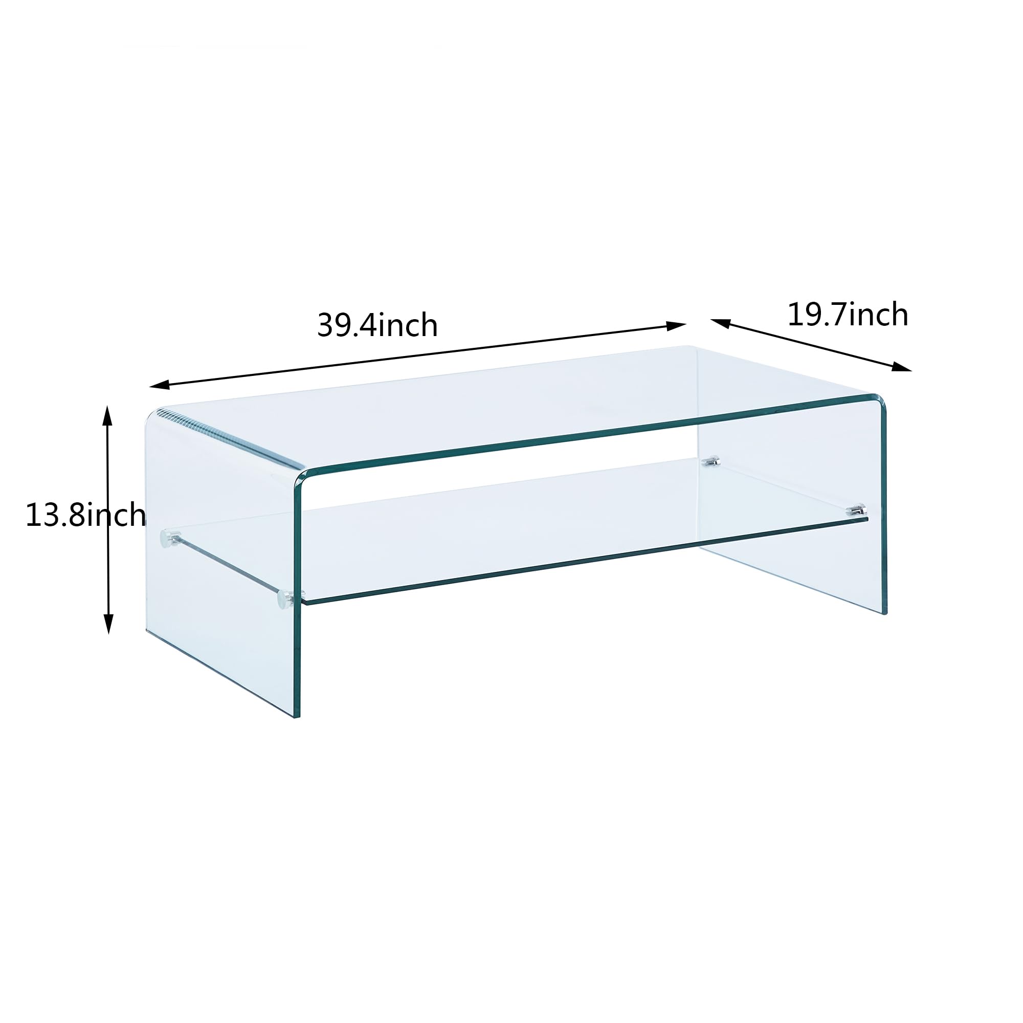 Modern Clear 2-Tier Waterfall Tempered Glass Coffee Table with Storage - 19.7