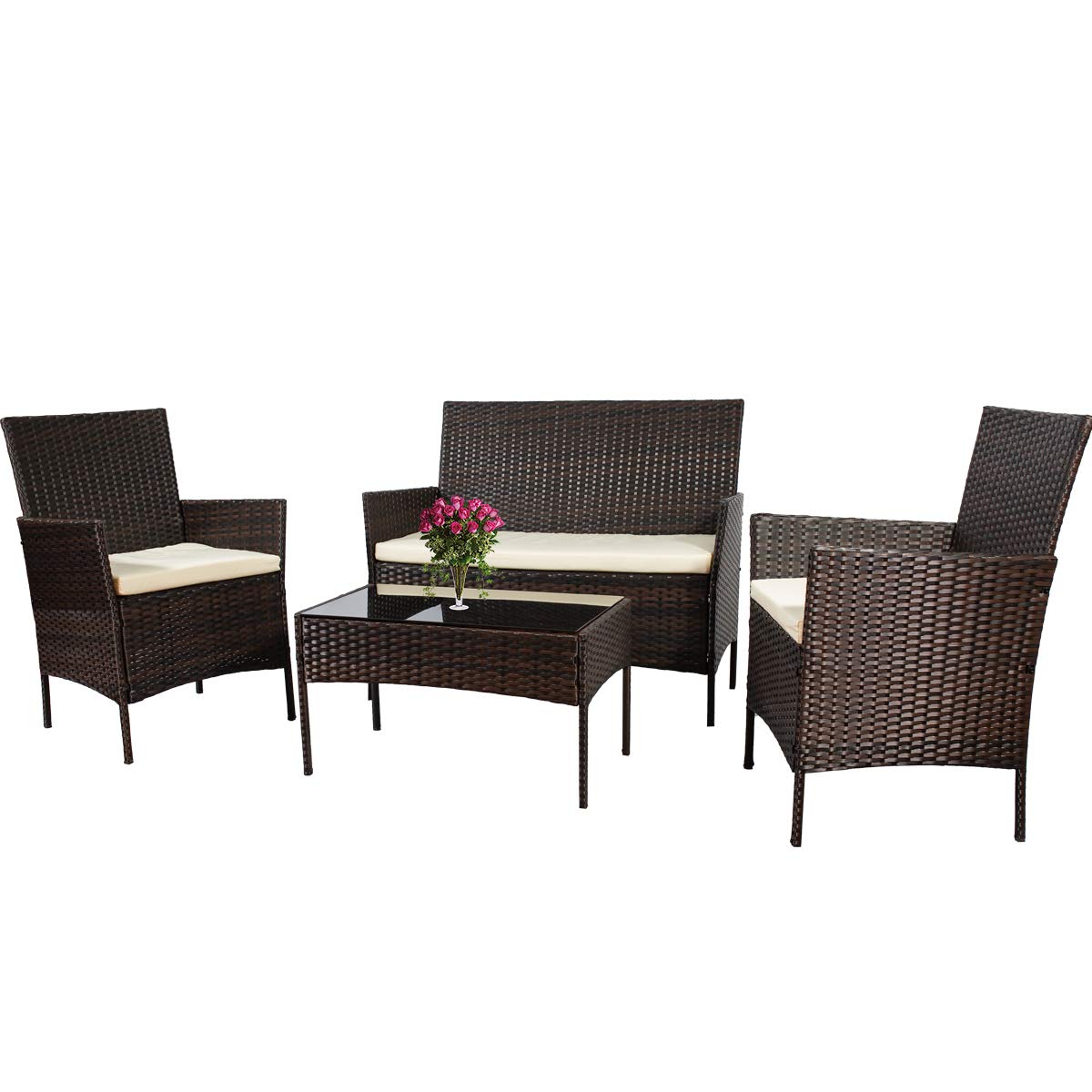 4-Piece Outdoor Patio Furniture Set - Brown Rattan Wicker Sofa & Chairs with Cushions & Glass Table - Durable All-Weather Garden, Poolside, Deck, or Backyard Lounge Seating