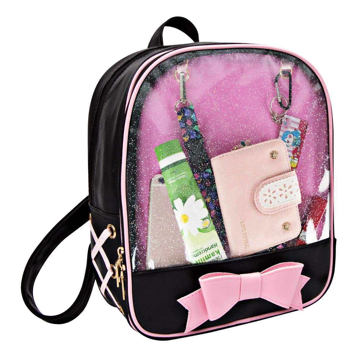 FF1 Candy Leather Bow Backpack - Clear Transparent Beach Bag for Girls, Kawaii Ita Bag for Conventions, School, Travel & Cosplay Accessories Storage