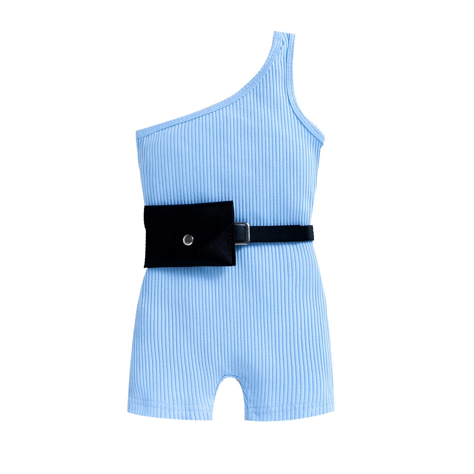 Girls Summer Romper Jumpsuit - Toddler Baby Sleeveless Solid Ribbed Off Shoulder Playsuit with Belt & Waist Bag | Perfect for Beach, Playdates & Outdoor Activities