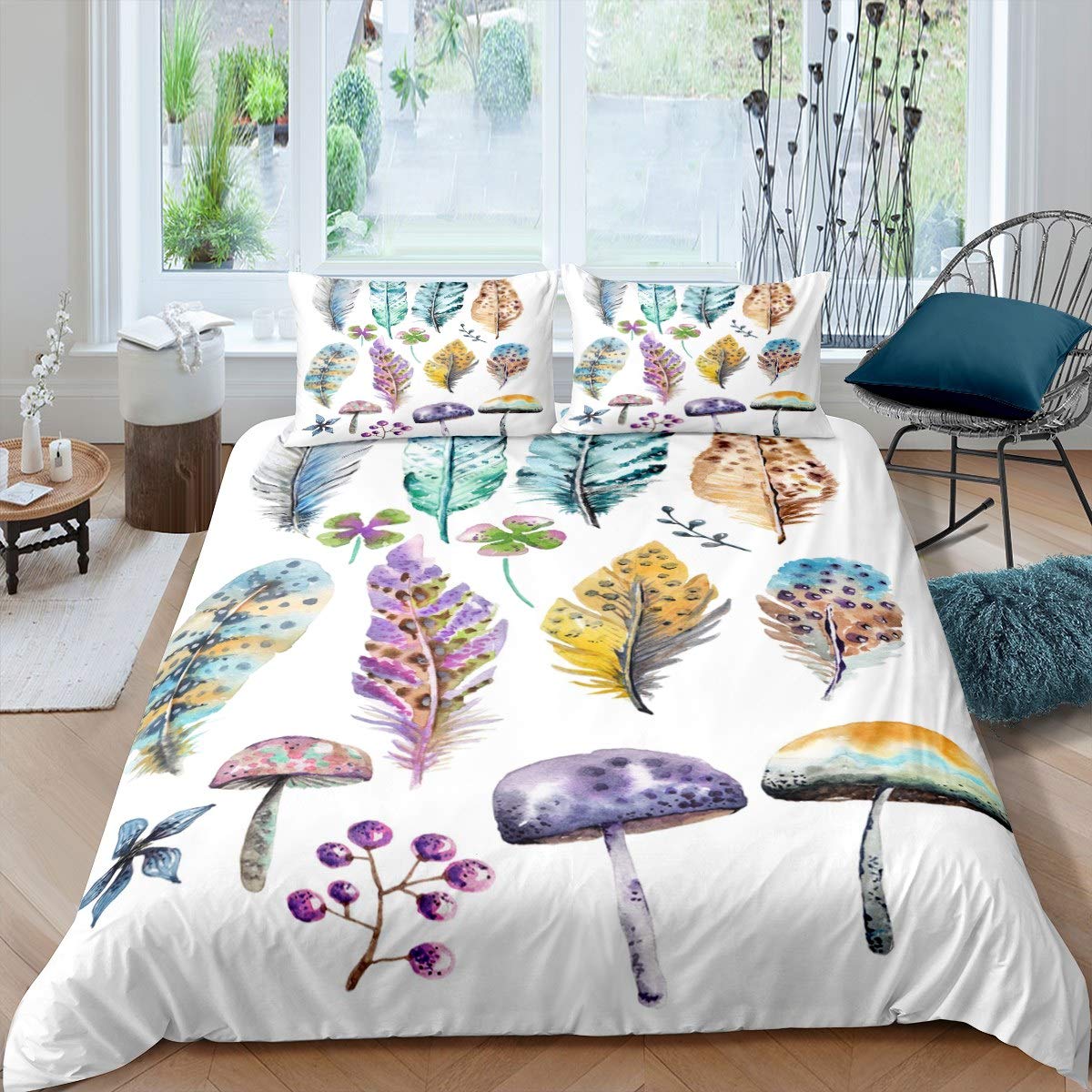 Colorful Boho Feather Duvet Cover Set - Twin Size Bohemian Tribal Print Bedding with Mushrooms & Berries Design, 2-Piece Bedroom Collection for Cozy & Stylish Home Decor