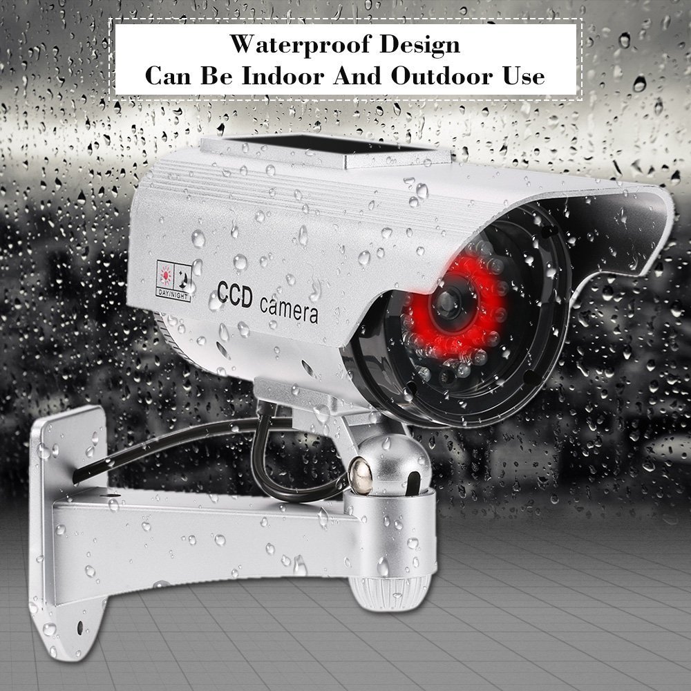JUSTOP Twin Pack Fake Security Camera Outdoor Indoor Waterproof with Realistic LED Light - Solar or Battery Powered - Silver - Ideal for Home, Office, and Store Surveillance
