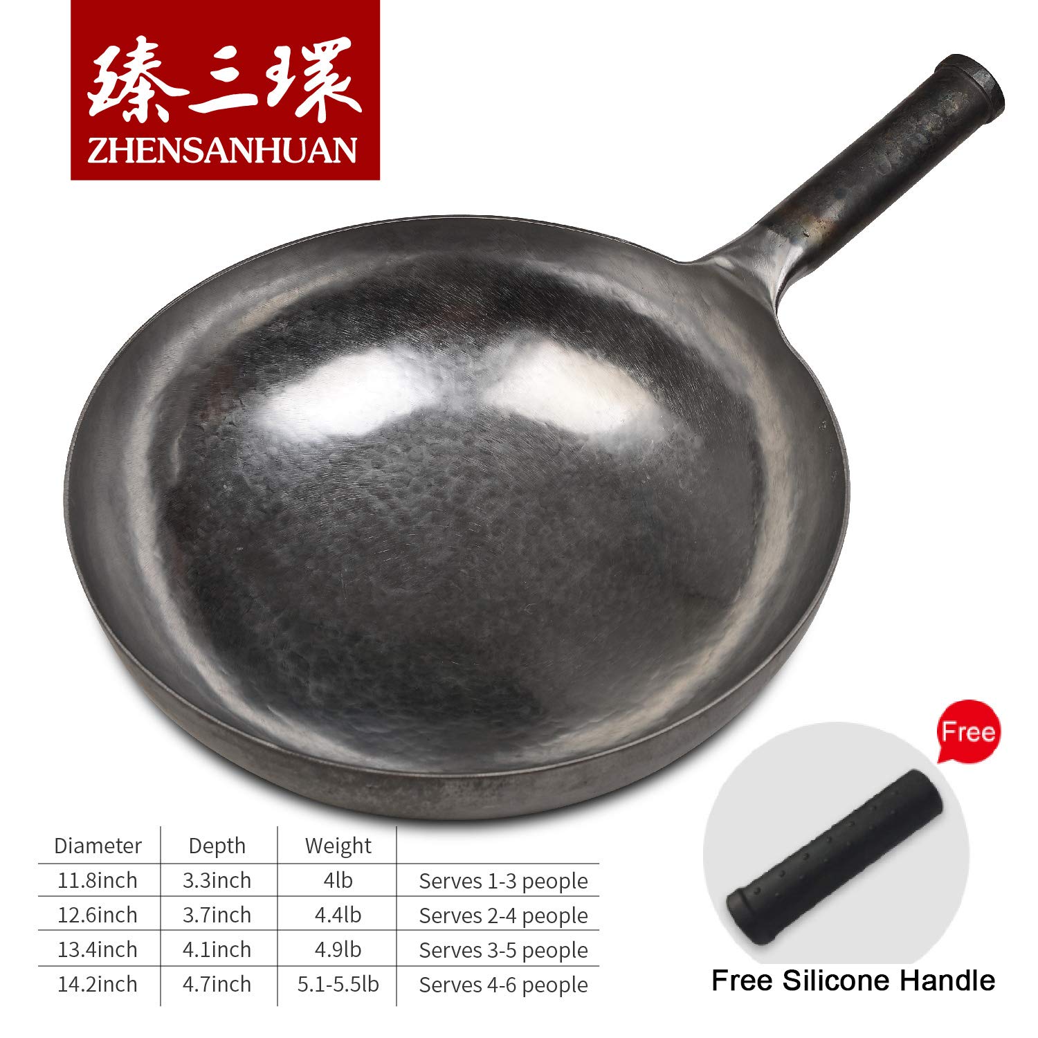 ZhenSanHuan Premium Hand-Forged Carbon Steel Wok Pan - 36cm Unseasoned Chinese Iron Wok for Stir Frying | Non-Toxic, Chemical-Free, Natural Non-Stick Surface | Perfect for Home Cooking, Restaurant Use & Professional Chefs