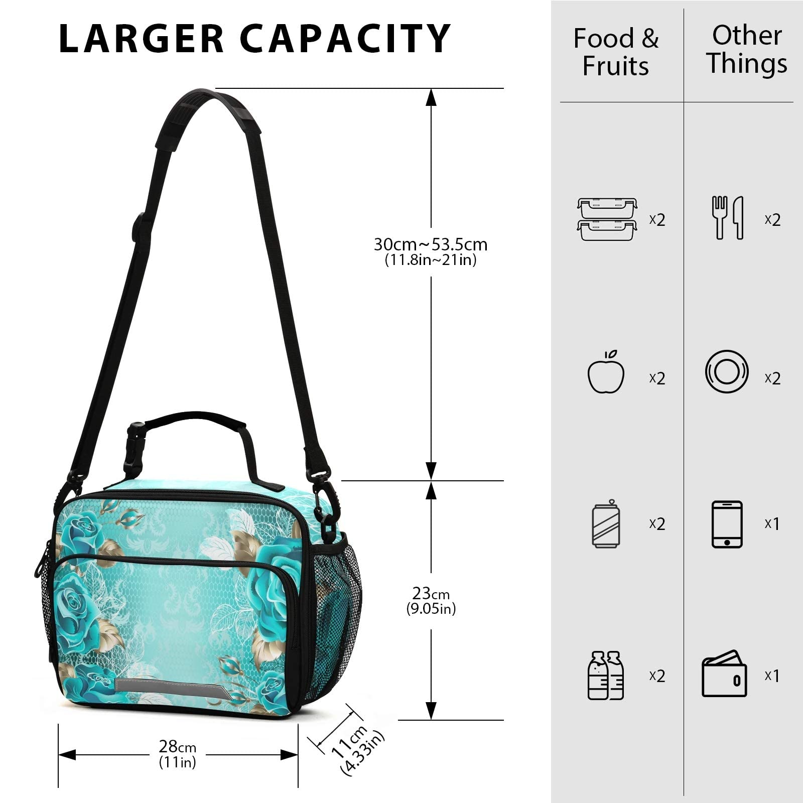 ALAZA Insulated Lunch Bag for Women & Men - Reusable Tote Cooler Bag with Adjustable Shoulder Strap, Elegant Lace Turquoise Roses White Gold Design | Perfect for Work, School, Picnics & Outdoor Activities