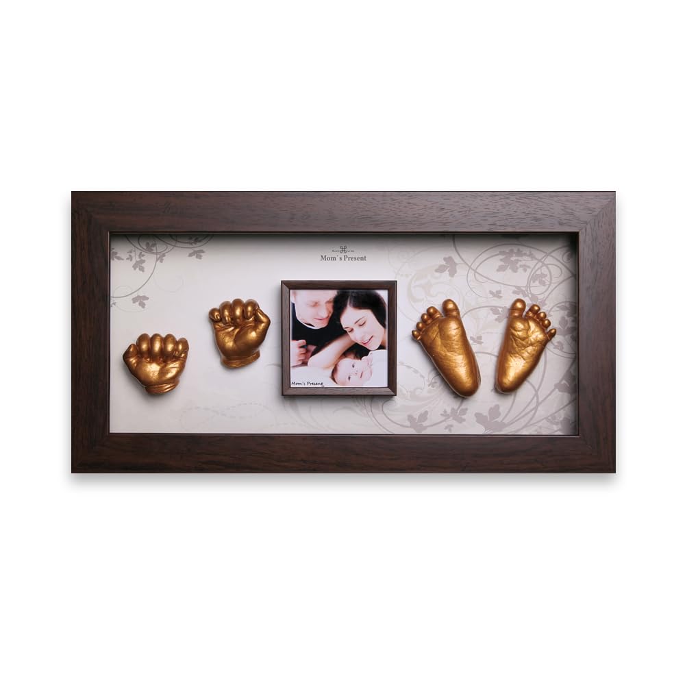Mom's Present Baby Handprint & Footprint Deluxe Casting Kit with Brown Frame & 6 Gold Keepsakes - Perfect for Newborn Memory Preservation, Baby Shower Gifts & First Birthday Mementos