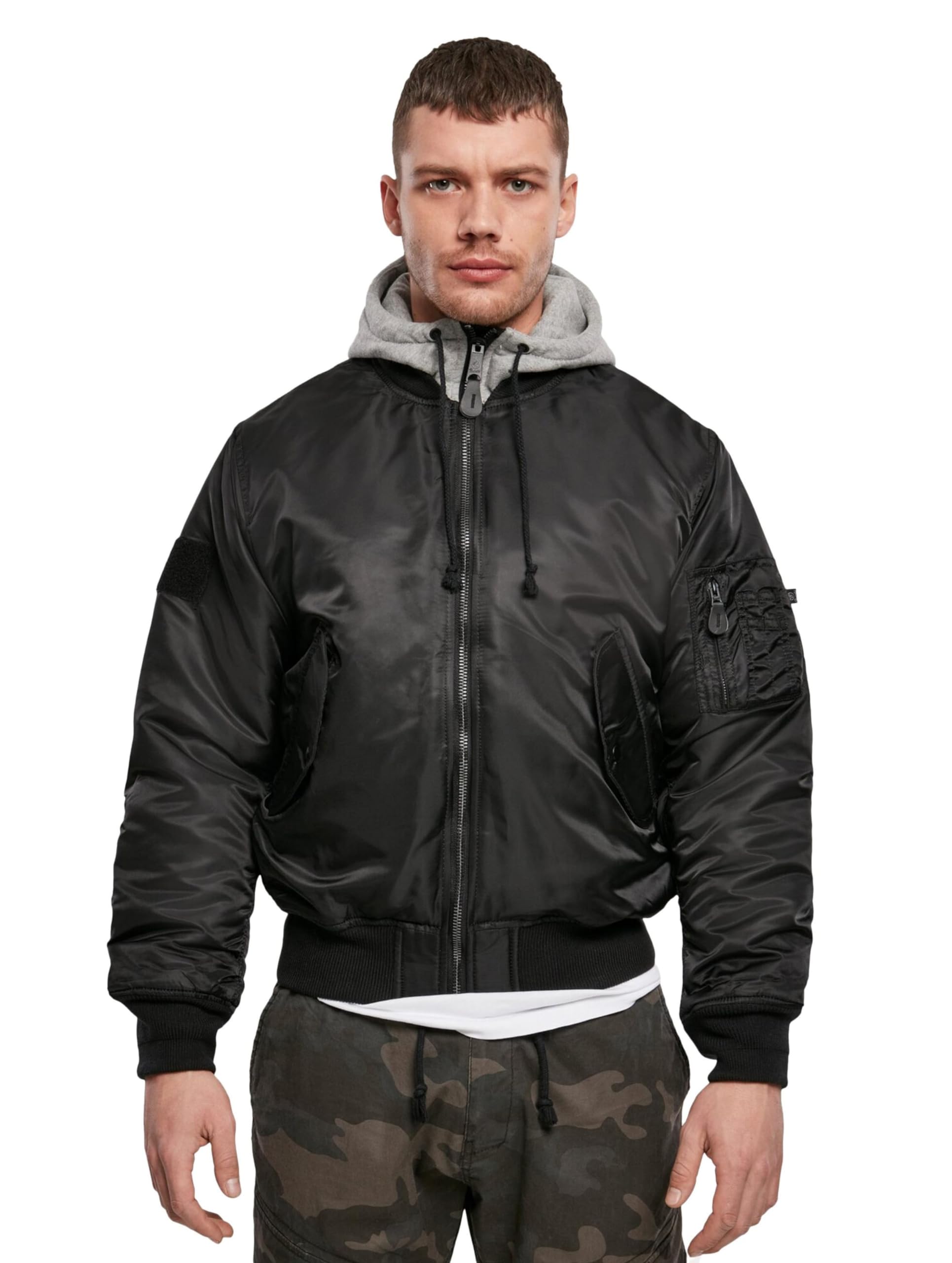 MA1 Bomber Hooded Jacket for Men - Black/Grey 5XL - Windproof Flight Jacket with Warm Lining - Perfect for Winter, Outdoor Activities & Casual Wear