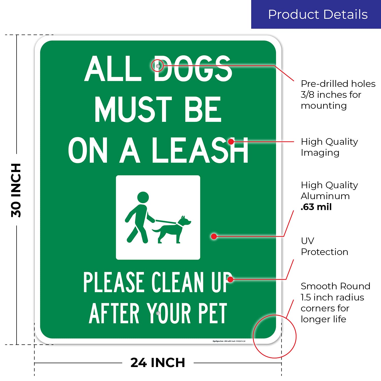 All Pets Must Be On Leash Sign - 24x30 Inches Rust-Free Aluminum Dog Leash Symbol - Fade Resistant & Made in USA - Perfect for Parks, Dog Walking Areas & Pet-Friendly Spaces