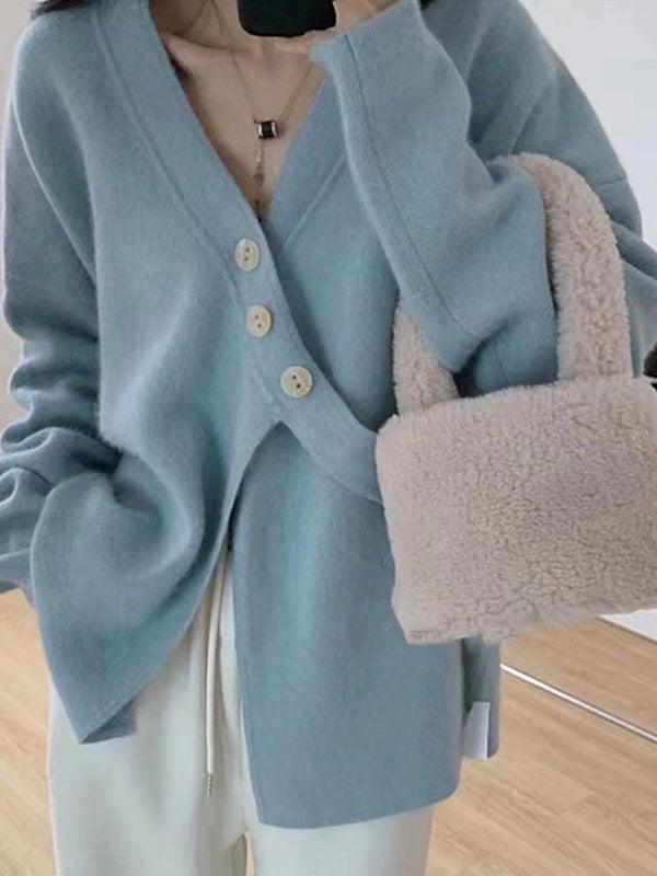 Lovevop Women's Cross V Neck Diagonal Button Loose Knit Cardigan Sweater - Casual Long Sleeve Open Front Cover Up for Fall, Winter & Spring (Office, Date Night, Travel)
