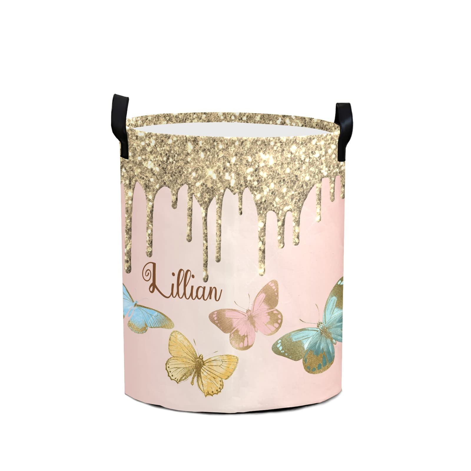 Gold Drip Butterfly Personalized Laundry Basket with Handles - Waterproof Collapsible Clothes Hamper for Bedroom & Bathroom - Large Capacity Storage Organizer for Home Decor & Laundry Room