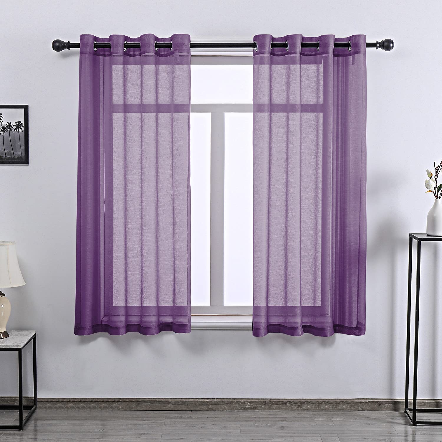 Sheer Textured Curtains 45 Inch Length for Bathroom & Small Windows - 2 Panels Grommet Short Drapes for Girls Kids Room (Deep Purple, 52x45 Inches) - Perfect for Privacy, Light Filtering & Nursery Decor