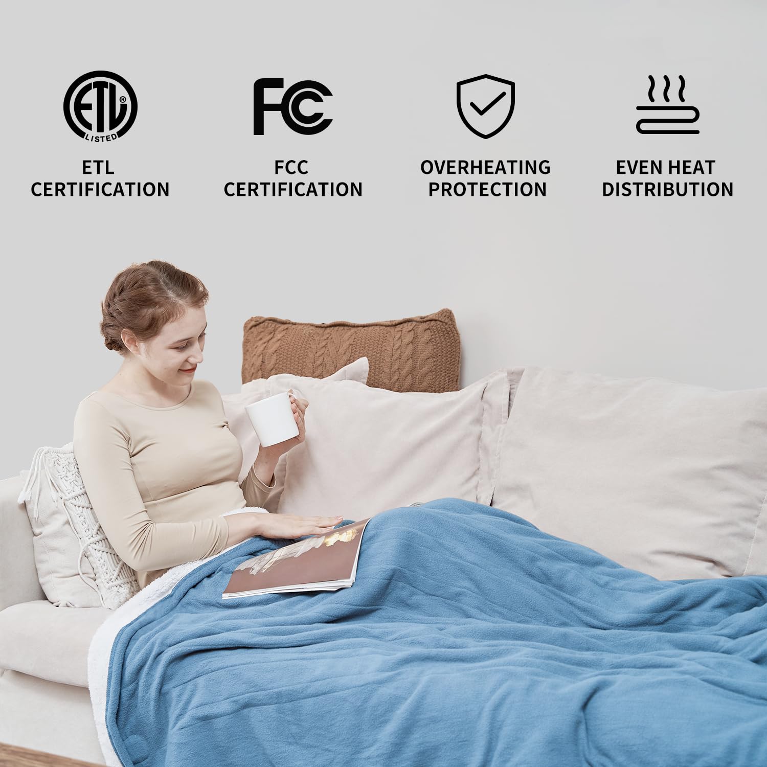 Electric Heated Blanket Twin Size - 10 Adjustable Heat Levels & 12-Hour Auto Shutoff - Polar Fleece & Sherpa Lining - 62