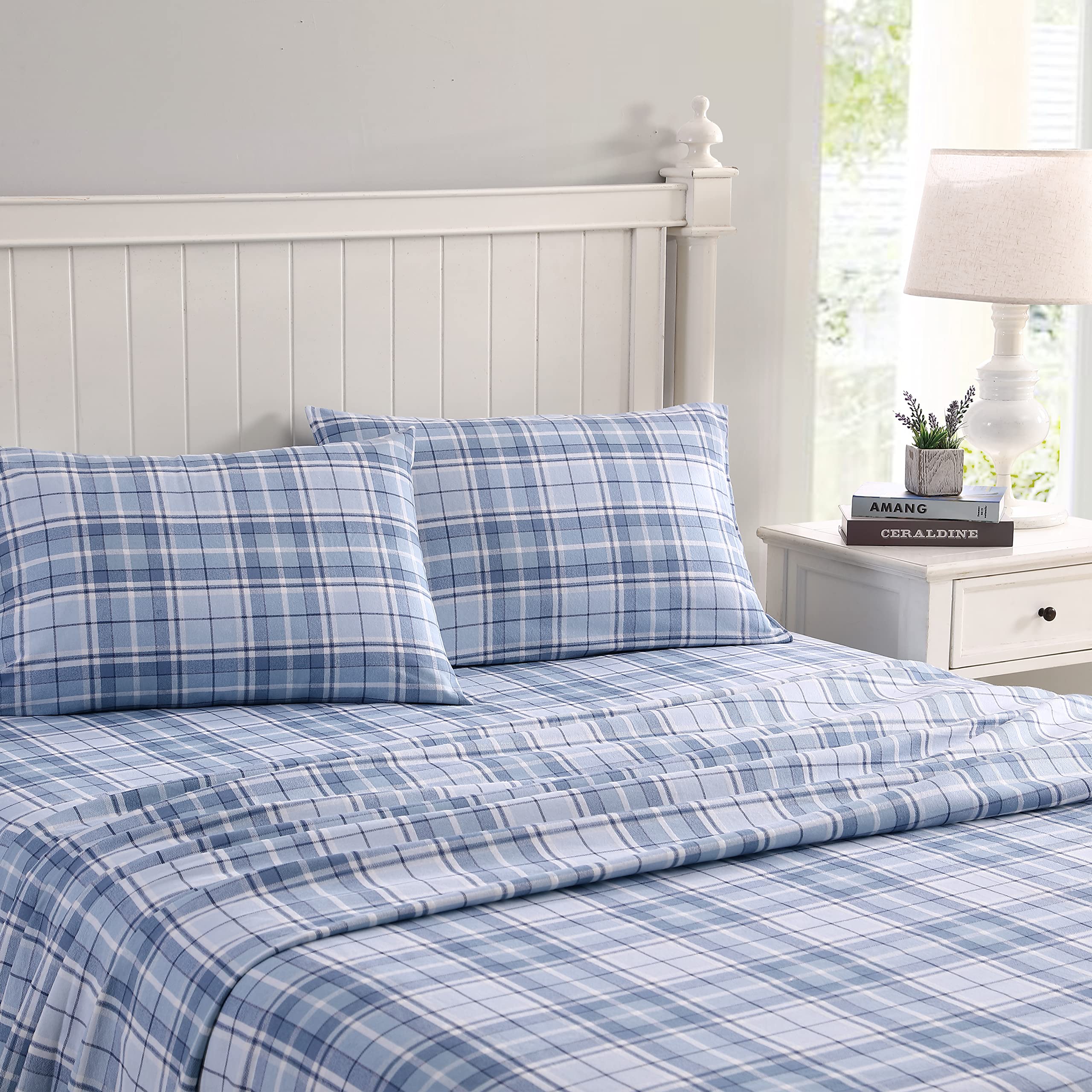 Laura Ashley King Sheet Set - 100% Cotton Flannel Bedding | Ultra Soft Brushed Finish | Mulholland Plaid Blue Design | Perfect for Winter Nights & Cozy Bedrooms