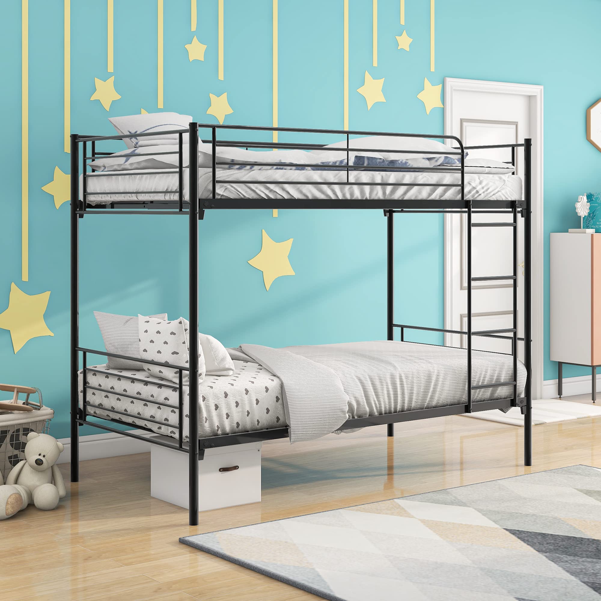 HAUSHECK Twin Over Twin Metal Bunk Bed Frame with Safety Guard Rail & Sturdy Ladder - Space Saving Bunk Beds for Kids, Teens & Adults - No Box Spring Needed - Matte Black - Perfect for Small Bedrooms, Dorms & Guest Rooms