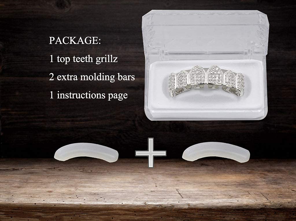 18K Gold Plated Iced Out CZ Grillz Set - Top & Bottom Fang Teeth Grills for Men & Women | Hip Hop Jewelry, Bling Accessories for Rappers & Party Wear
