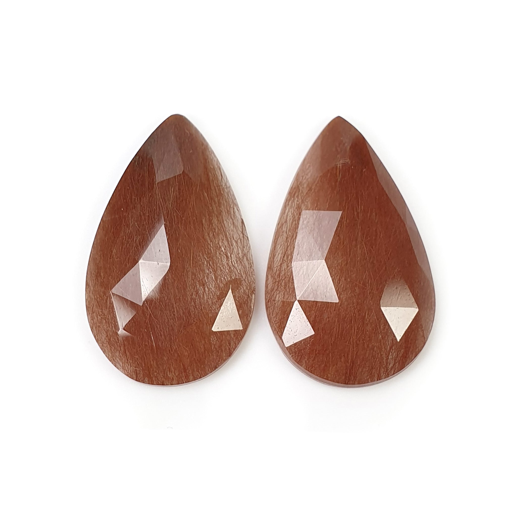 Natural Brown Rutile Quartz Gemstone Rose Cut - 28.00cts Untreated Pear Shape 28x17mm Pair (With Video) - Perfect for Jewelry Making, Healing Crystals & Mineral Collections