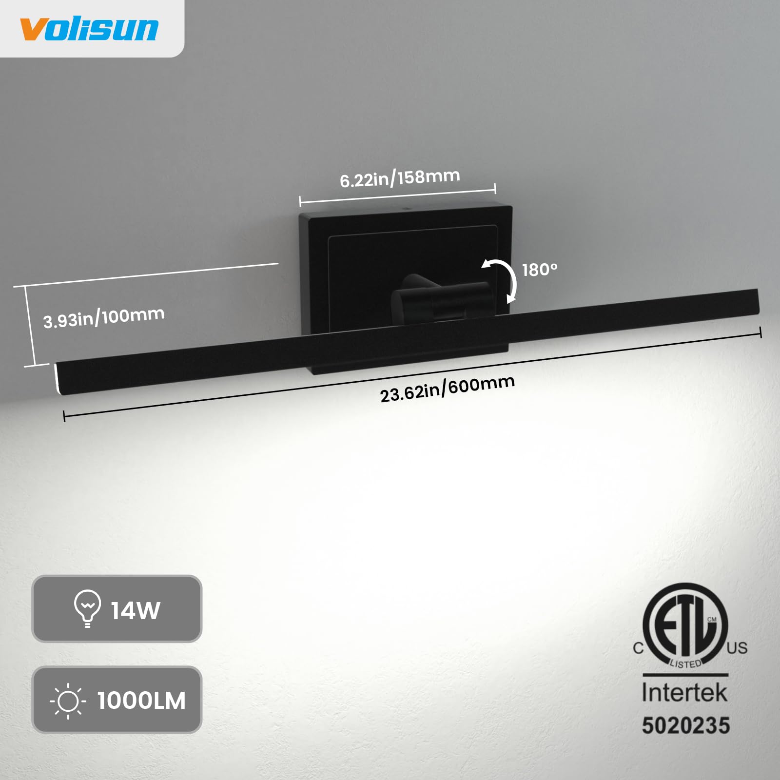 VOLISUN 24 Inch Modern Bathroom Vanity Light - Rotatable Black LED Light Fixture with Dimmable 5CCT & 14W for Mirror - ETL Certified - Perfect for Bathroom, Restroom, and Dressing Room Lighting