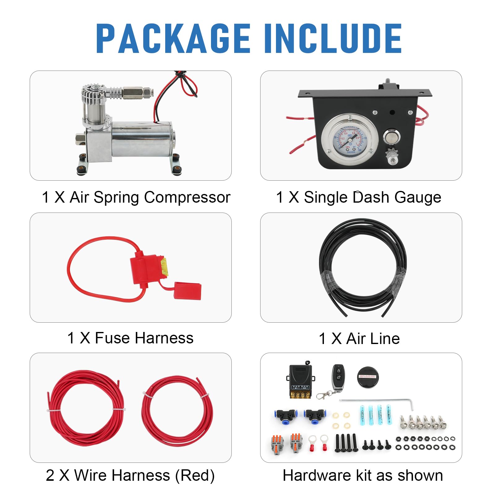 Heavy Duty On Board Air Compressor System Kit for Trucks & Vans - Includes Air Spring Compressor, Pressure Gauge, Wiring Harness, Air Line & Hardware - Perfect for Off-Roading, Towing & Suspension Adjustments