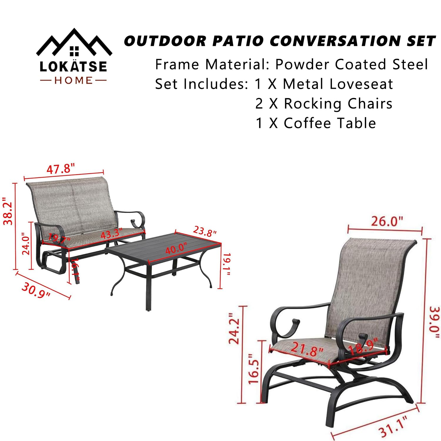 LOKATSE HOME 4-Piece Outdoor Patio Furniture Set - Metal Loveseat Glider, Single Chair & Coffee Table in Gray - Perfect for Garden, Backyard, Deck and Poolside Relaxation