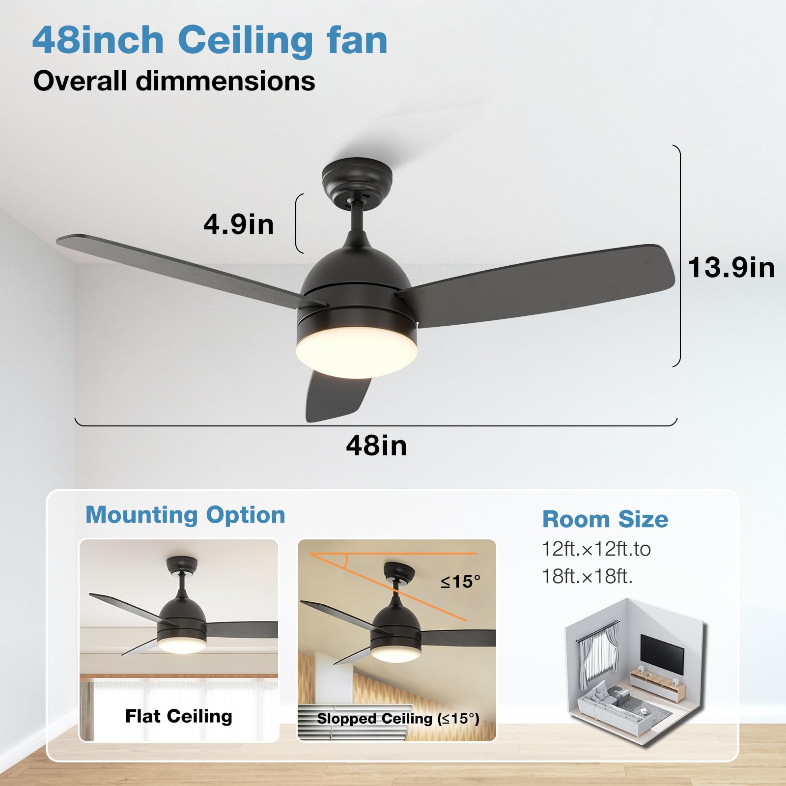 Warmiplanet 48-Inch Black Ceiling Fan with Light Kit, Remote Control, Dimmable LED, Silent Motor, 3 Blades - 2 Pack Set for Bedroom, Living Room, and Office
