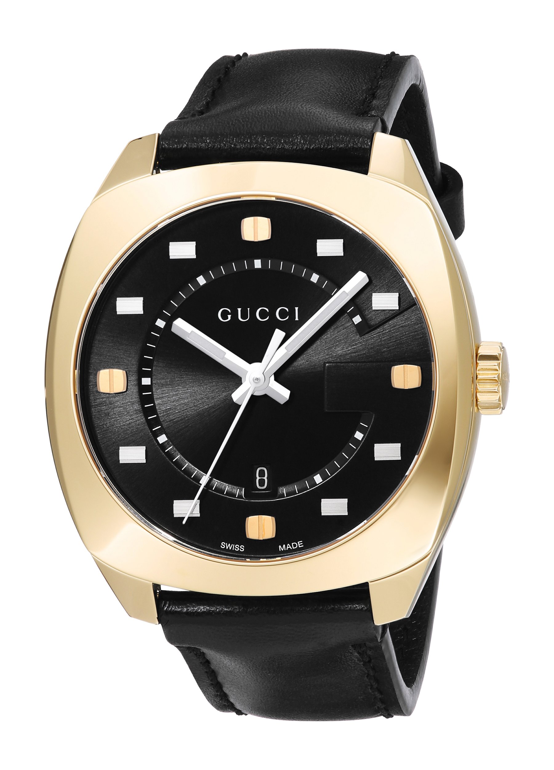 Gucci YA142310 Swiss Quartz Gold-Tone Leather Dress Watch for Men - Black Stainless Steel & Leather Band - Luxury Business & Formal Occasion Timepiece