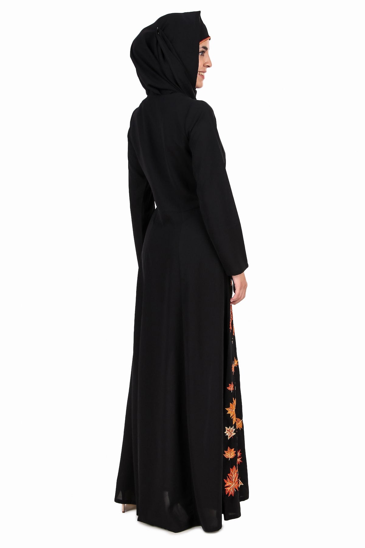 Elegant Falling Leaf Embroidery Flared Abaya Dress - Muslim Women's Long Sleeve Maxi Dress for Prayer, Mosque & Special Occasions