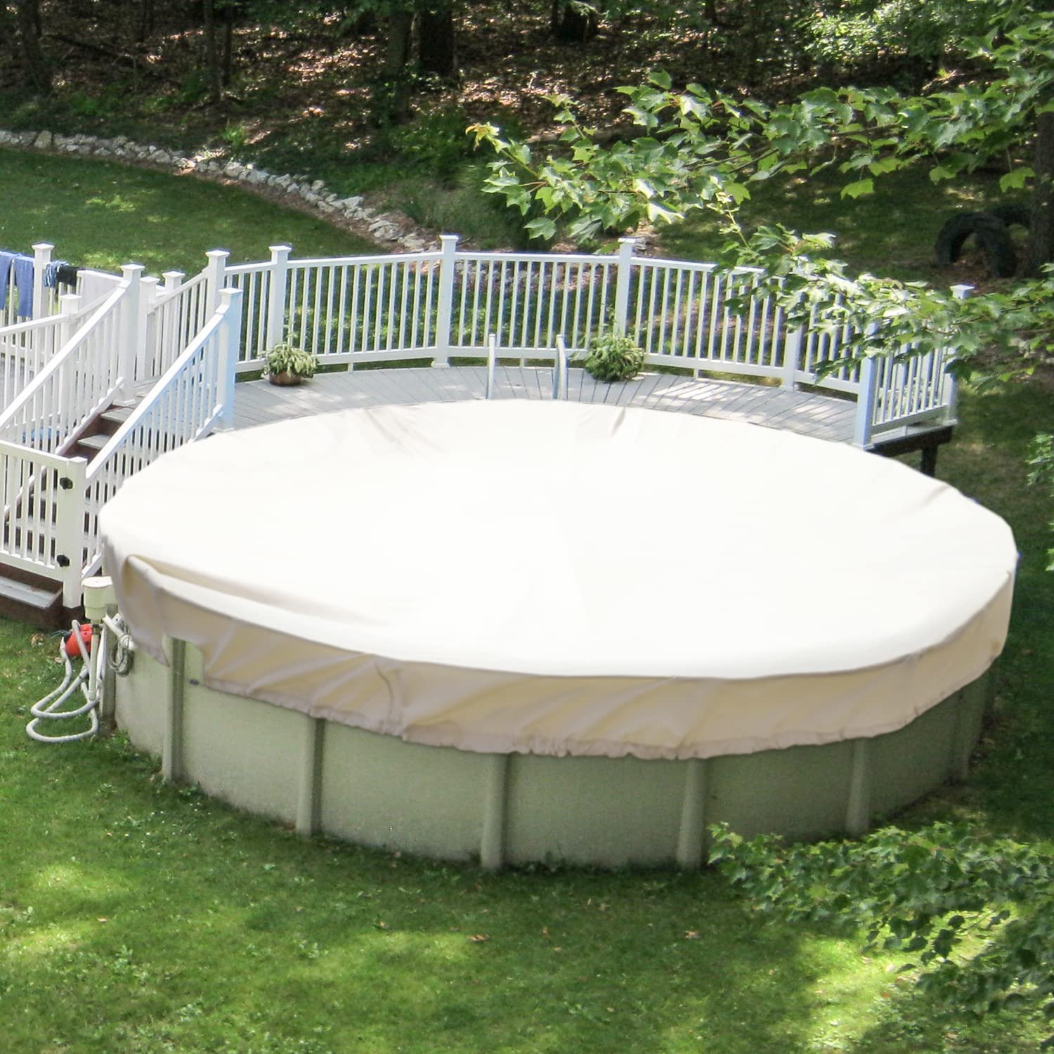 Patio Paradise 8ft Round Above Ground Pool Cover, 11ft Winter Safety Pool Cover with Wire Rope Edging & Winch, Waterproof Beige Leaf Tarp for Year-Round Protection