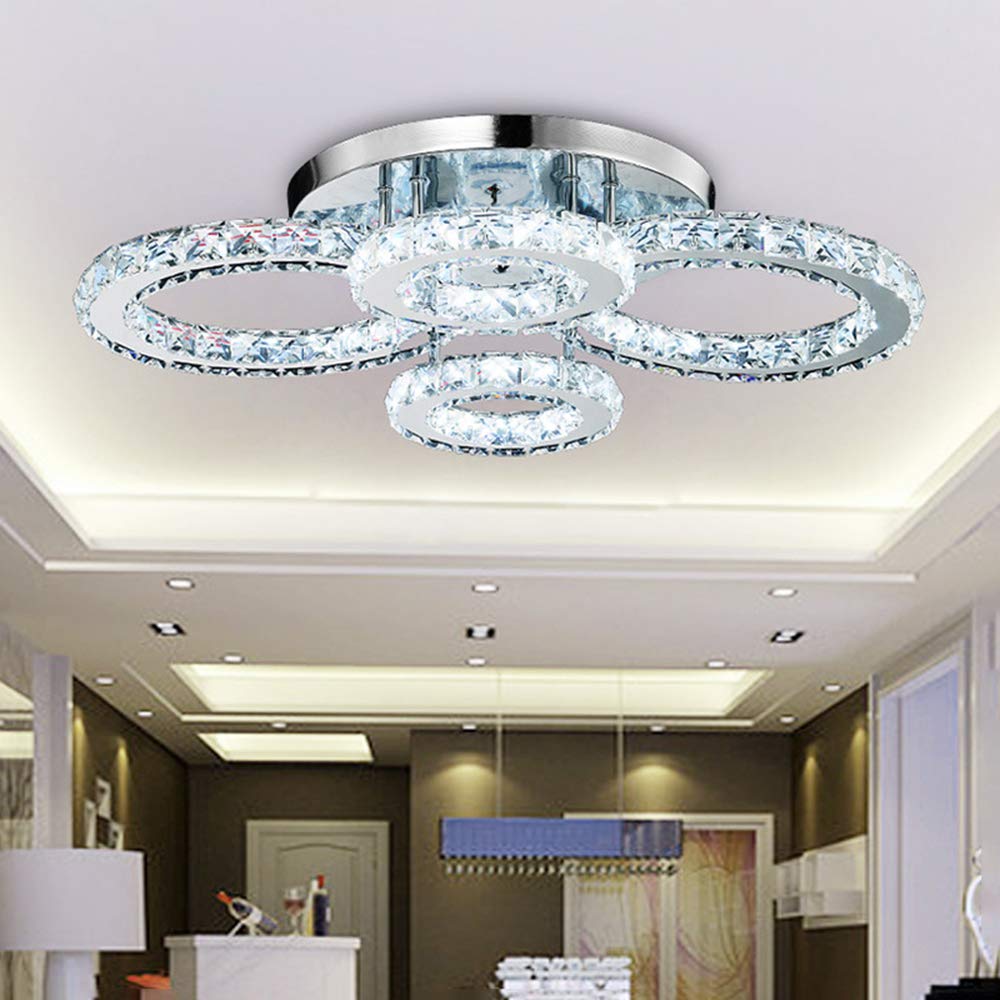 LITFAD 4 Halo Ring LED Ceiling Light - Modern Crystal Semi-Flush Mount Chandelier for Bedroom, Living Room, Hotel & Hall - Energy Efficient White Light - Perfect for Home Decor & Commercial Spaces