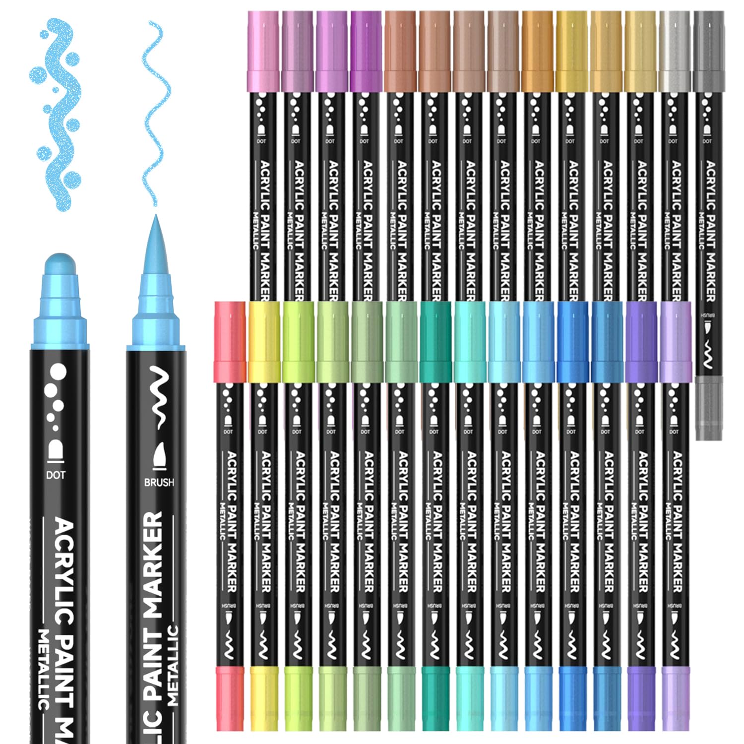 28 Metallic Colors Dual Tip Acrylic Paint Markers - Brush & Dot Tip Paint Pens for Rock Painting, Ceramic, Wood, Canvas, Glass | Perfect for DIY Crafts, Calligraphy, Card Making & Home Decor Projects