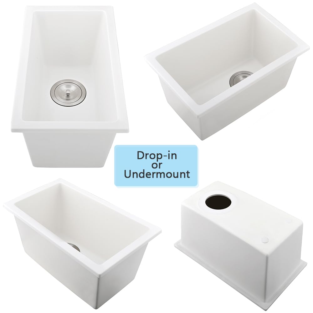 VASOYO 12x16 Inch Undermount Bar Sink - White Quartz Single Bowl Small Kitchen Sink with Bottom Grid for RV, Outdoor & Home Bar Prep | Durable & Stylish Design