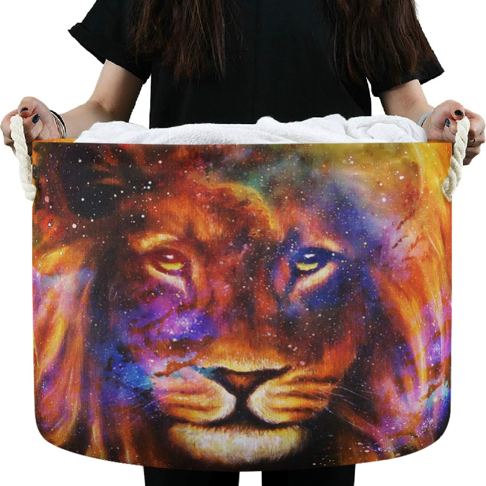 Visesunny Lion in Cosmic Space Storage Basket - Canvas Fabric Toy Organizer Bin, Nursery Hamper, Laundry Basket for Kids Room, Playroom, Shelves - Perfect for Toy Storage, Gift Basket & Baby Room Decor