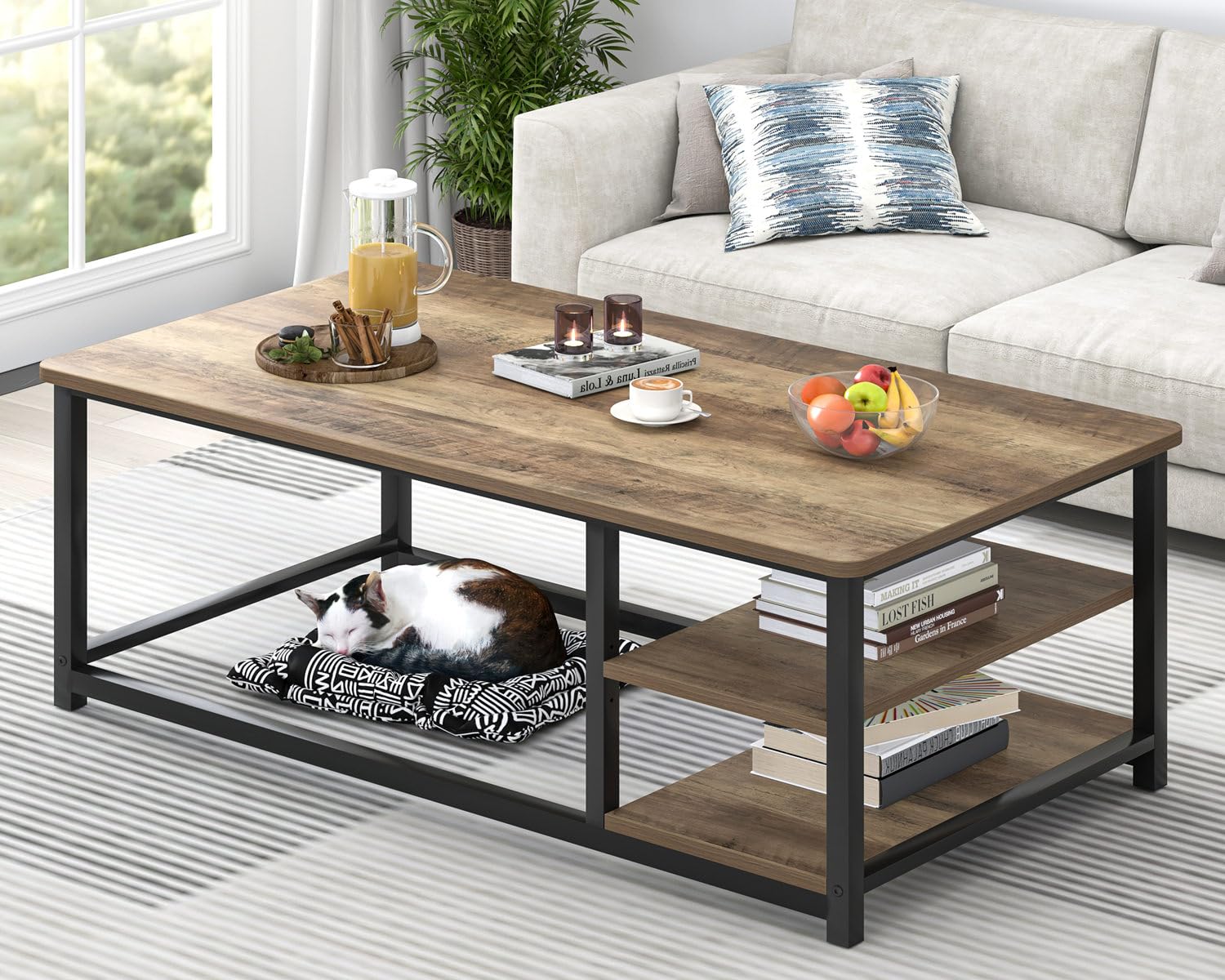 EXCEFUR 47 Inch Coffee Table with Storage Shelf - Modern Wood and Metal Center Table for Living Room, Rustic Oak Finish - Perfect for Small Spaces, Home Decor & Entertaining Guests