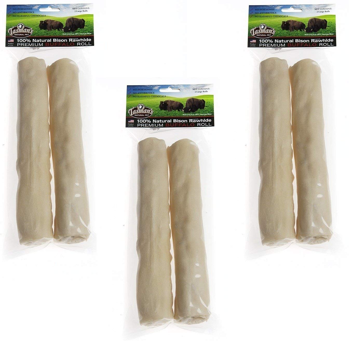 (3 Pack) All-Natural Buffalo Rawhide Chews for Dogs - Large Size (2 Rolls Each) | Long-Lasting Dental Treats for Medium to Large Breed Dogs, Perfect for Teething Puppies & Aggressive Chewers
