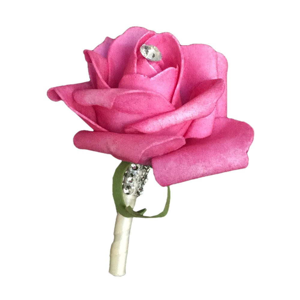 Angel Isabella Boutonniere - Watermelon Pink Foam Rose with Rhinestone Accents for Weddings, Prom, Bridal Bouquets & Special Occasions