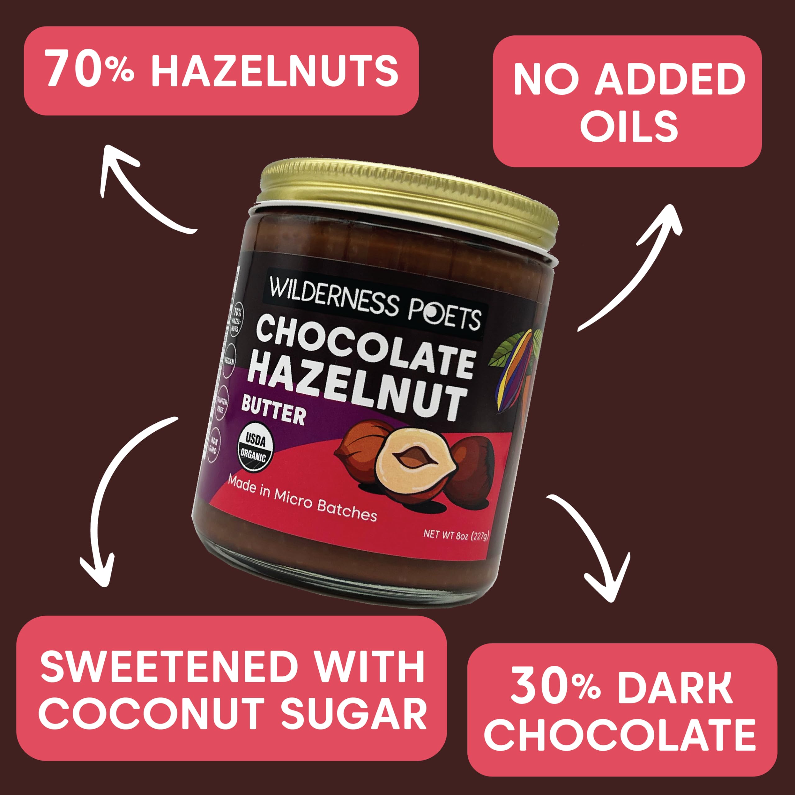 Organic Chocolate Hazelnut Butter - 70% Hazelnuts, 30% Dark Chocolate - Healthy Snack for Hiking & Breakfast