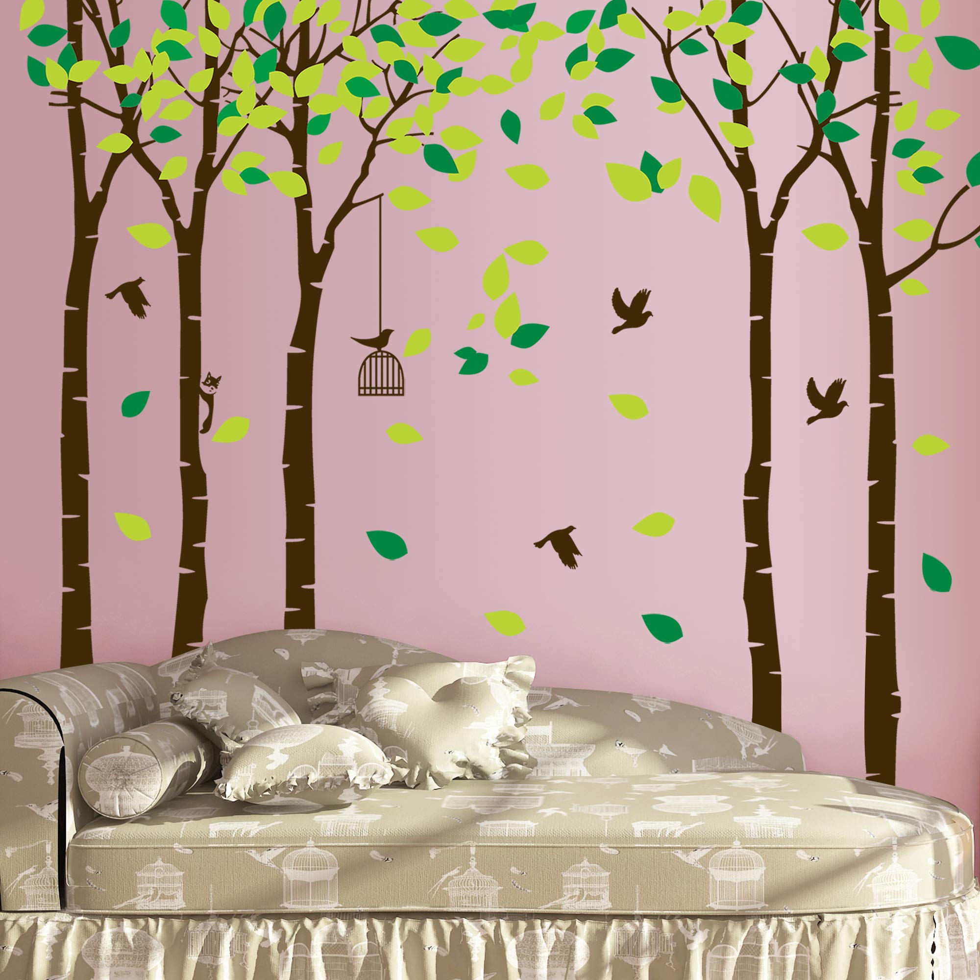 264 X 180cm Large Jungle Tree Wall Decal - Cartoon Family Forest Tree Removable Sticker with Green Leaves & Flying Birds - DIY Wall Mural for Kids Bedroom, Nursery, Living Room & Office Decor | Perfect for Nature-Themed Rooms & Play Areas