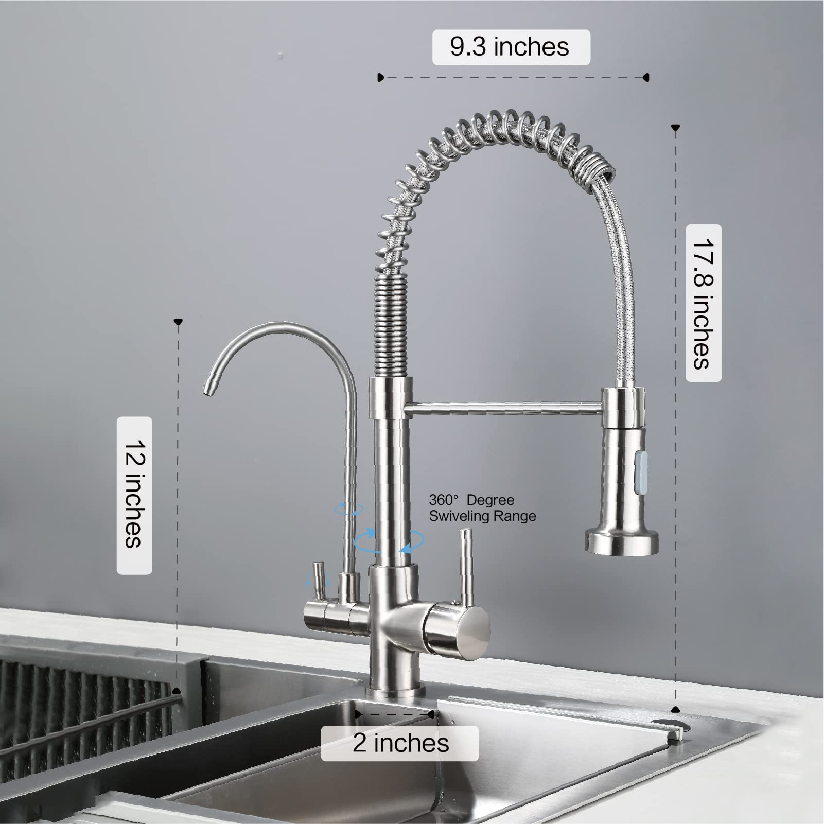 HUAHUALALA 3-in-1 Kitchen Sink Faucet with Sprayer & Water Filter - Brushed Nickel Drinking Water Faucet for Reverse Osmosis Systems | Perfect for Home, RV & Office Use