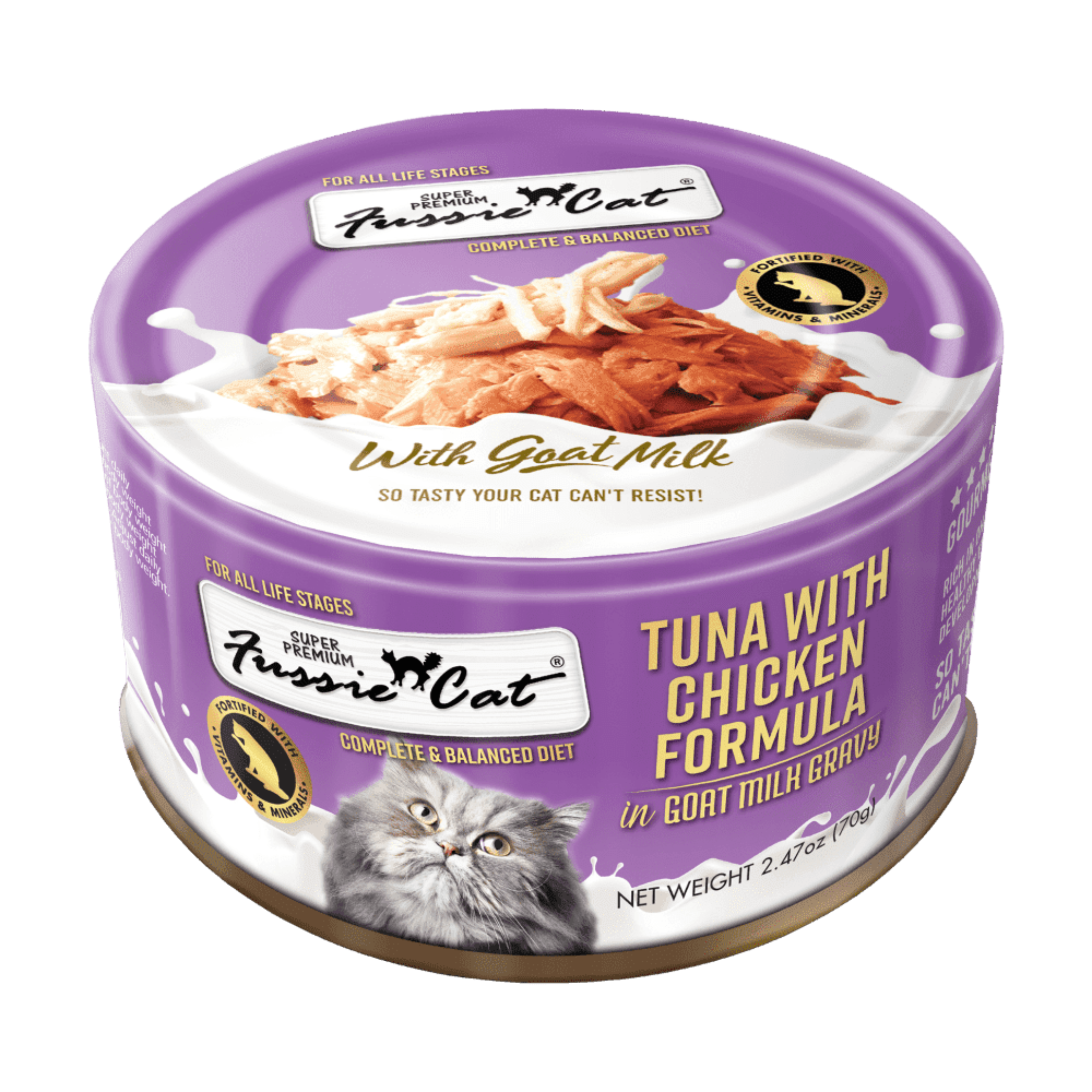Premium Fussie Cat Goat Milk Tuna & Chicken in Gravy Wet Cat Food - 70g Pouch for Kittens & Adult Cats - Perfect for Digestive Health & Picky Eaters